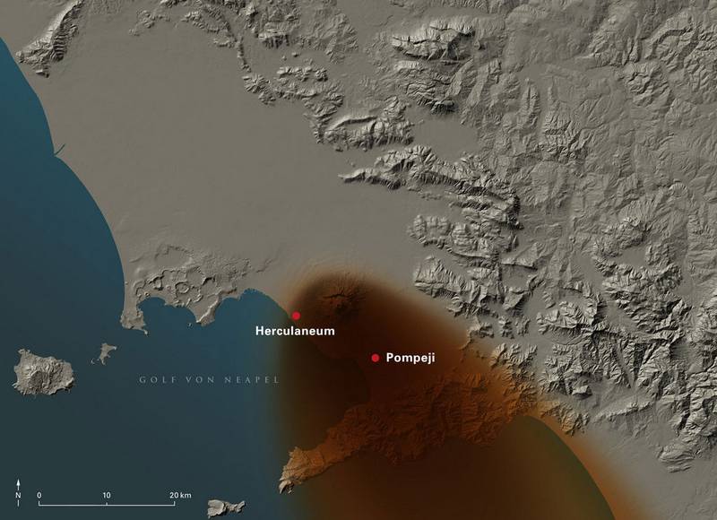 Vesuv: Ausbreitung der Aschewolke beim Ausbruch 79 n. Chr.