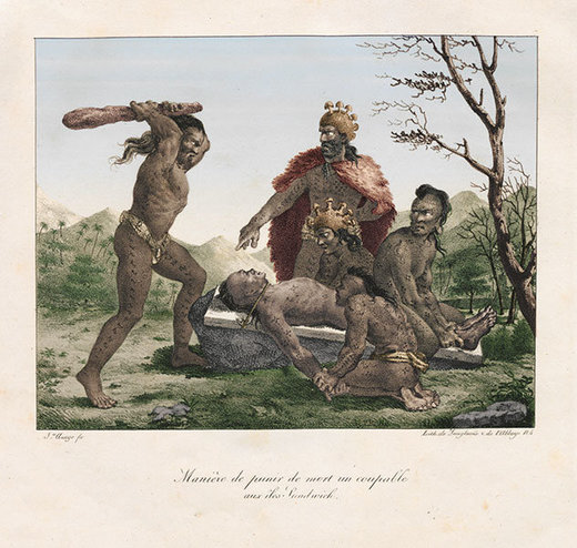 Tötung eines menschlichen Opfers. Gemälde von Jacques Arago, 1819. Coloriert durch Joseph Watts. University of Auckland
