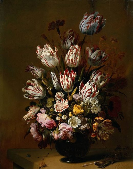 Still Life with Flowers by Hans Bollongier (1623–1672) painted in 1639 showcasing the prized Semper Augustus tulip.