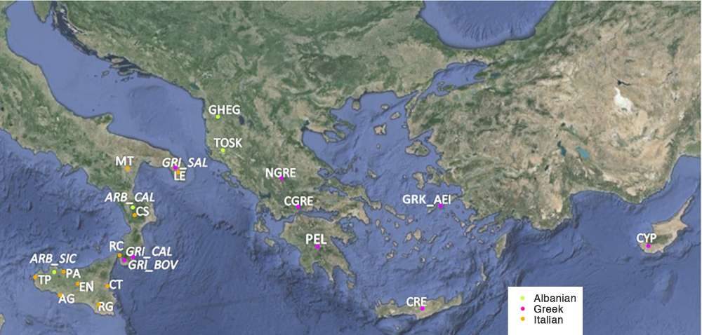 Karte der albanisch-, griechisch- oder italienischsprachigen Orte an denen die Gen-Proben für die Studie gesammelt wurden