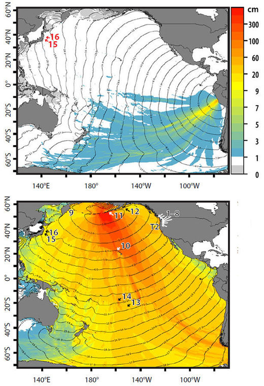 Modellierung der Tsunamihöhen bei einem Erdbeben in Peru (M: 8) und einem Starkbeben in den Aleuten (M: 9.25) 