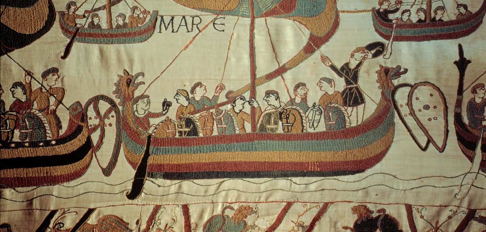 Teppich von Bayeux:… die normannische Flotte setzt von der Normandie nach England über ...
