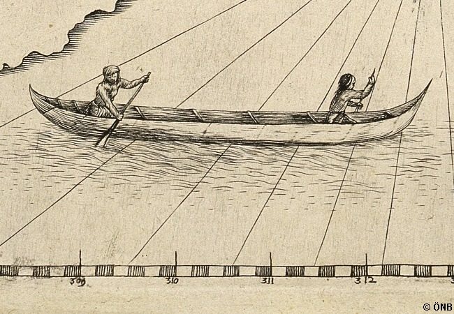 Novae Franciae Accurata Delineatio: Detailansicht von zwei Menschen im Kanu.