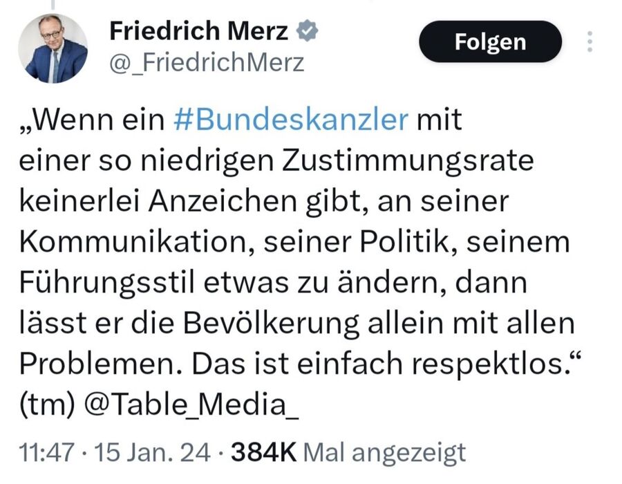 Klicken um zu vergrößern tweet, x-beitrag, friedrich merz, respektlos