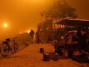 Dichter Nebel hängt am Morgen über einem Tee-Geschäft in Neu Delhi.