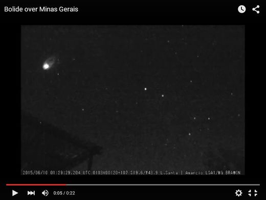 Bolide Meteor Over Minas Gerais, Brasil 0129 UTC 10JUN2015