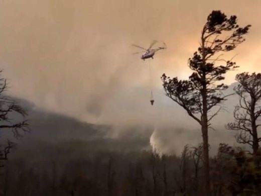 Löscharbeiten per Helikopter gegen Brände in der Region des Baikalsees August 2015