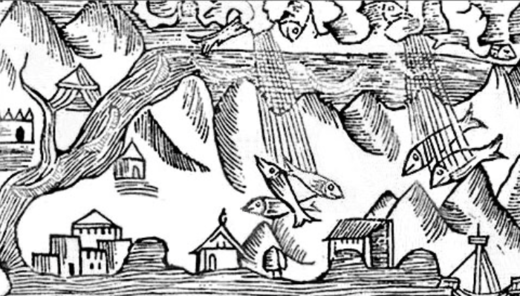 Fischregen, Holzschnitt von 1555; Olaus Magnus (1490-1557)