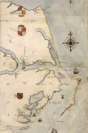 Roanoke Island (rot markiert) auf einer Karte aus dem späten 16. Jahrhundert