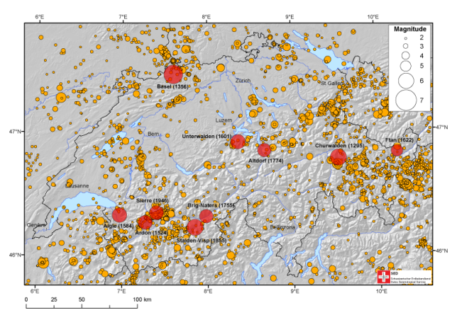 Schweiz registrierten Erdbeben zwischen 1975 bis 2012. 