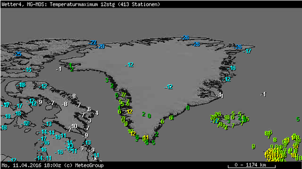 Höchsttemperaturen Grönland am Montag