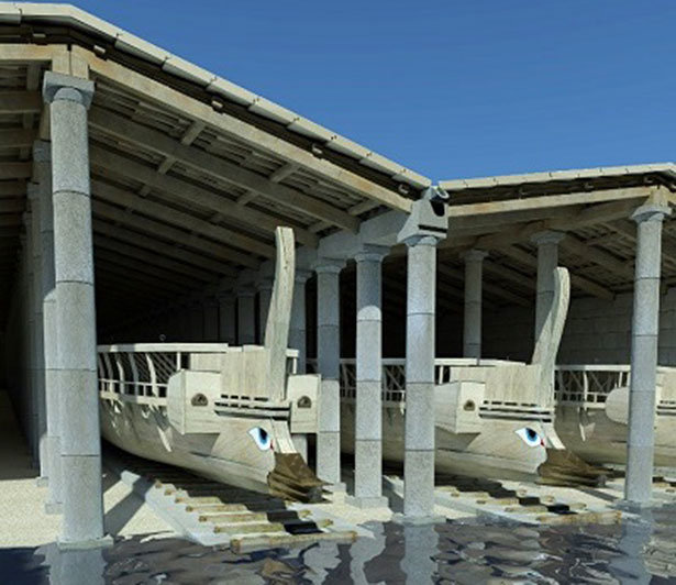 3D-Rekonstruktion der doppelten Werfthallen in Zea Harbour
