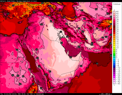 Temperaturen 29.juni 2016 Westasien