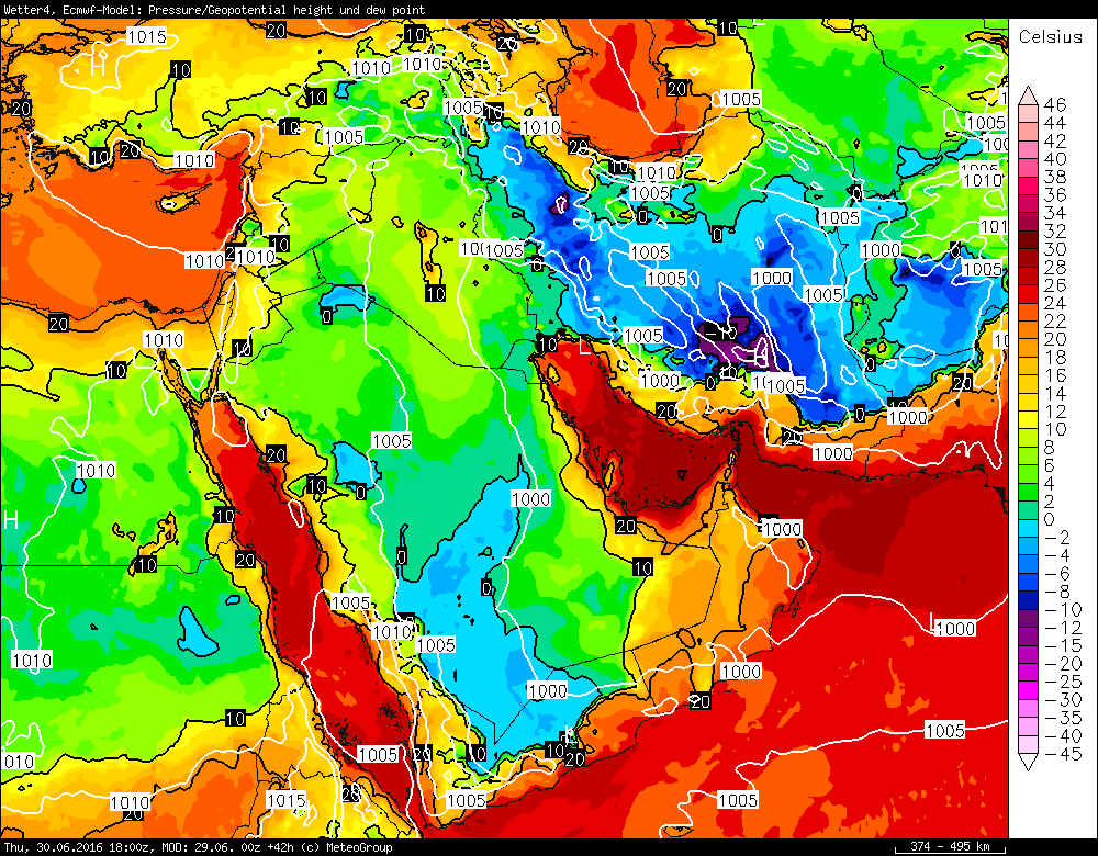 Prognose: Taupunkt am Donnerstag am Persischen Golf teils über 27 Grad.