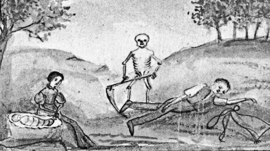 Der Tod geht auf dem Lande um: zeitgenössische Darstellung der Hungersnot 1816.