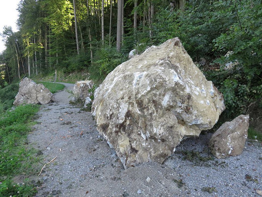  Die riesigen Felsbrocken landeten mitten auf dem Wanderweg. 