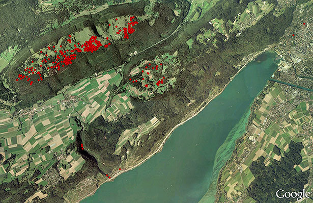 Verteilung der bisherigen Funde im Meteoritenfeld nahe der Stadt Biel. 