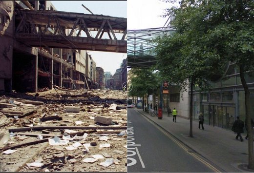 Das Stadtzentrum von Manchester nach einem Bombenanschlag der IRA 1996 (links) und nach dem Wiederaufbau im Jahr 2014 (rechts).