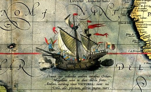Detail from a map of Ortelius - Magellan's ship Victoria
