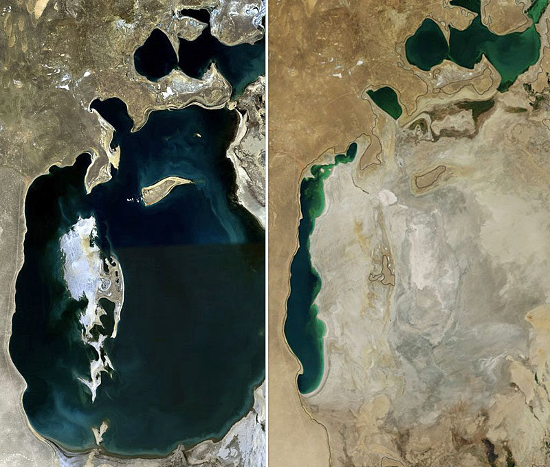 Ähnlich erging es auch dem Aralsee: Links eine Aufnahme von 1989, rechts von 2014.
