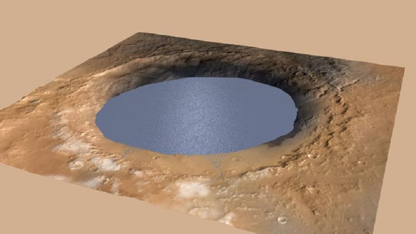Grafik Mars Krater mit Wasser,Leben auf dem Mars