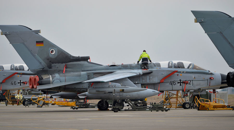 A technician works on a German Tornado jet at the air base in Incirlik, Turkey