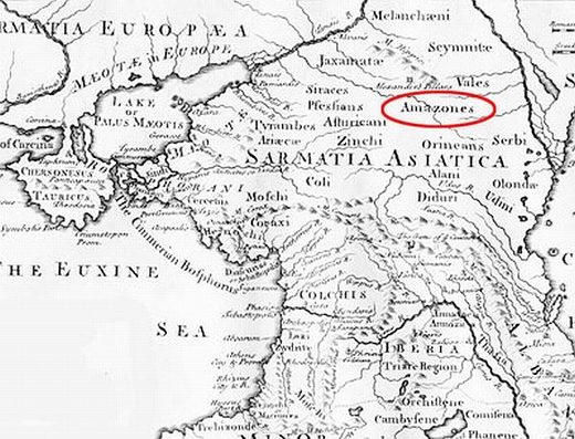 Herodot verortete die Amazonen neben den Sauromaten, zwischen Schwarzem und kaspischem Meer - hier eingetragen auf einer Karte aus dem 18. Jahrhundert.
