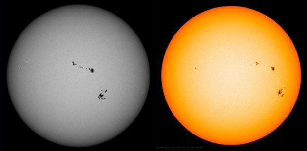 Die erdgerichteten aktiven Sonnenflecken am 5. (l.) und 7. September (r. gelb) 2017