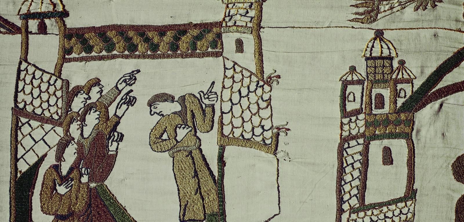 Teppich von Bayeux: … das Erscheinen des Kometen Halley deuten Astrologen als Zeichen für den Untergang Haralds ...