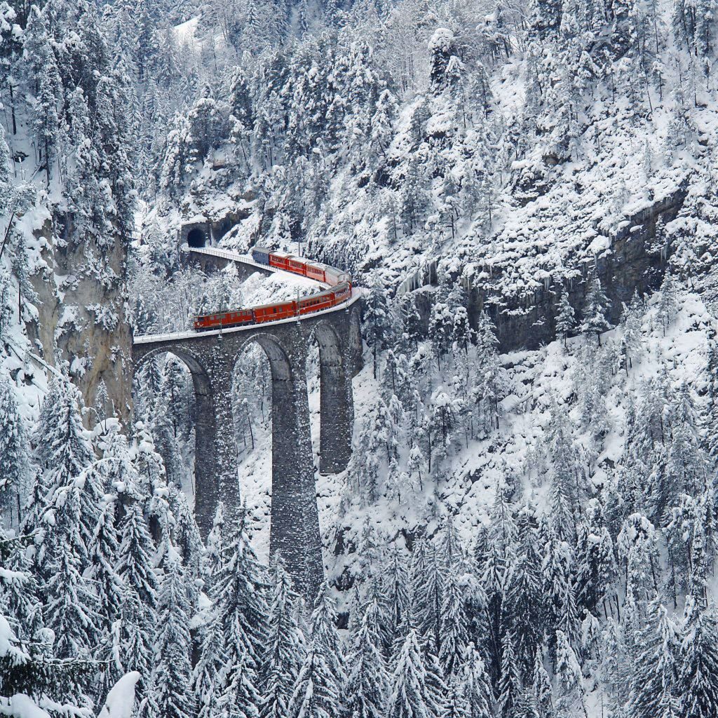 Train passing over the Landwasser viaduct in Graubnden, Switzerland