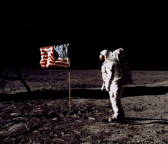 Apollo 11 astronaut Buzz Aldrin and the U.S. flag on the moon