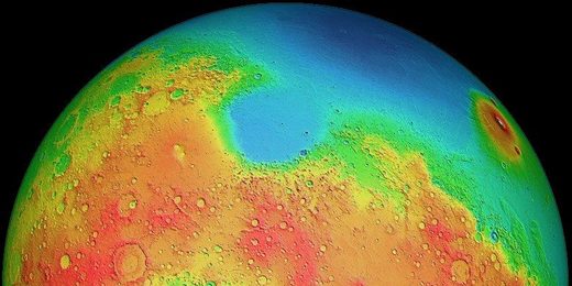Mars has two differently shaped hemispheres: the lowlands of the northern hemisphere and the volcanic highlands (yellow to red regions) of the southern hemisphere.