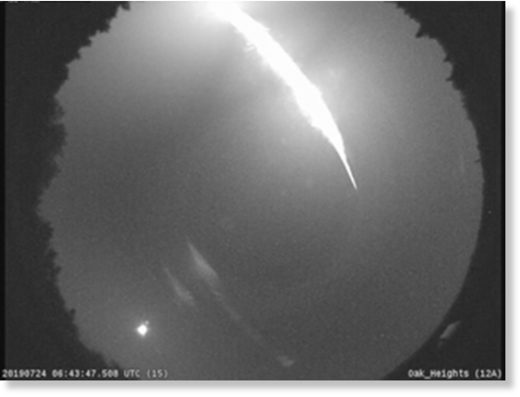 The Western University All-Sky Camera Network in London, Canada, captured this image of a fireball over southern Ontario and Quebec on July 24, 2019, at 4:44 a.m. EDT (0844 GMT).