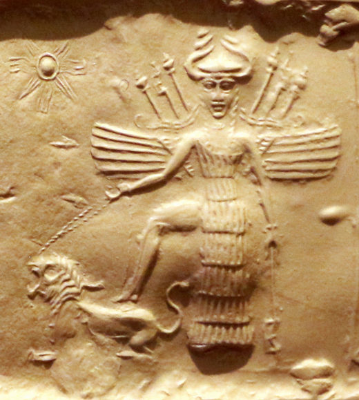 Innana on an Akkadian seal. She is equipped with 7 spears, a horned helmet and a 7 segments dress