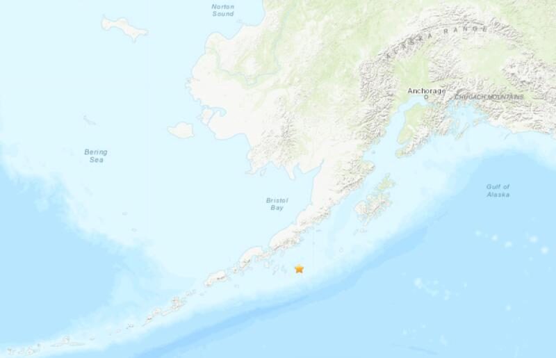 The epicentre of a 7.8-magnitude earthquake off the coast of Alaska on July 22, 2020