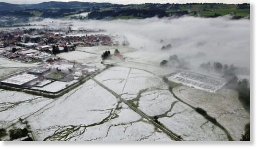 The landscape looks wintry on Sunday after